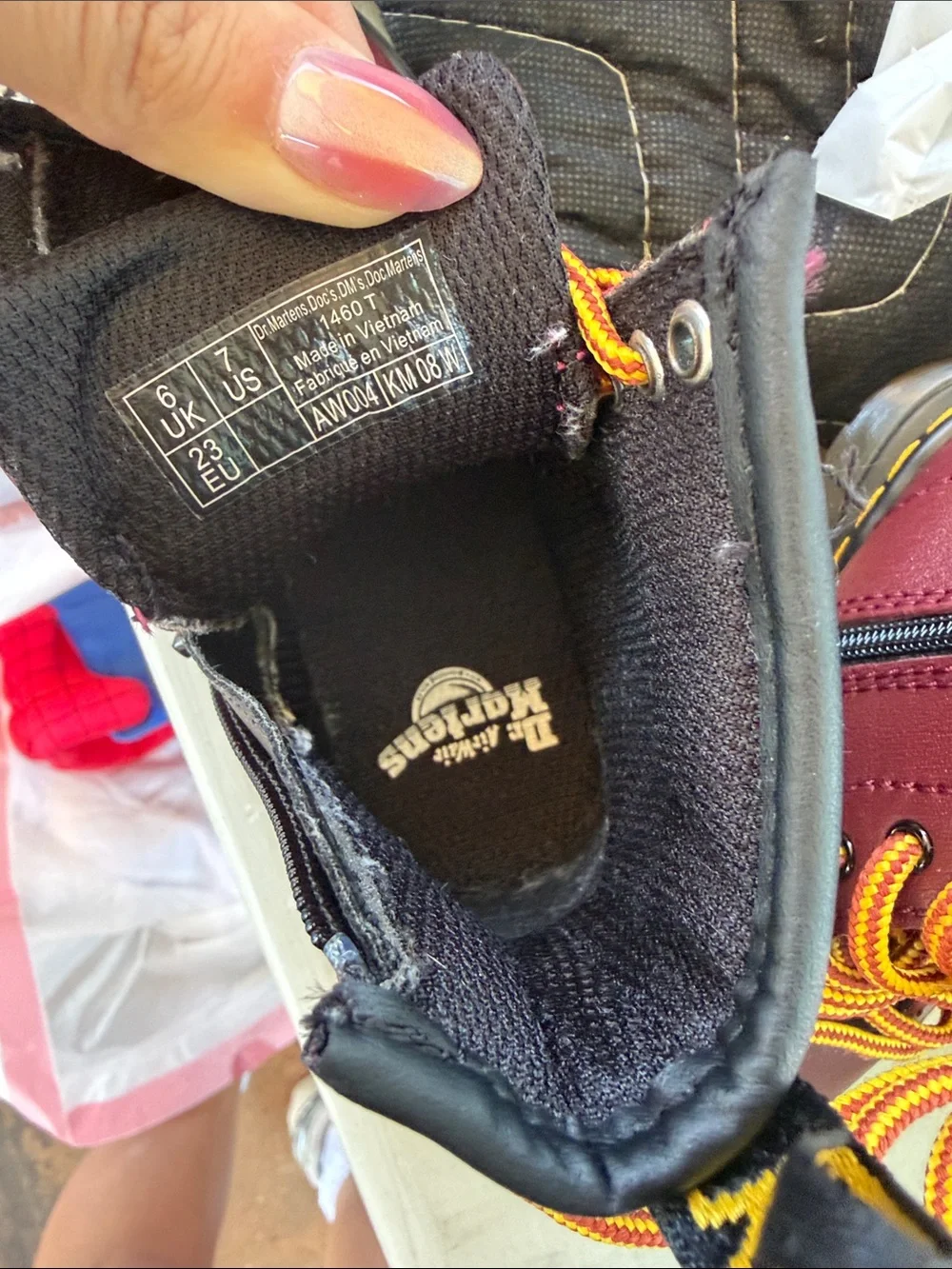 Dr. Martens Kids Burgundy Leather Ankle Boots with Yellow Laces